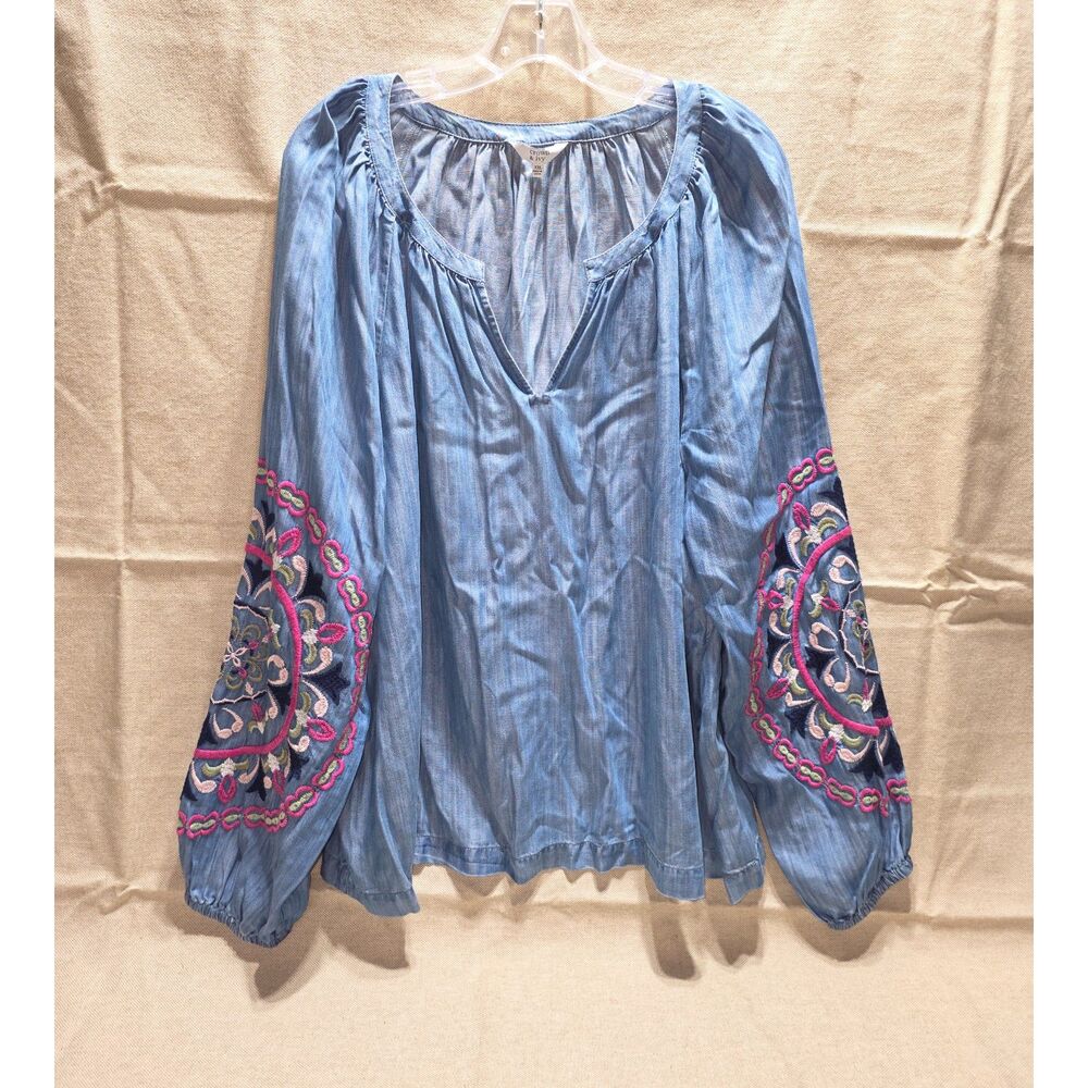 Crown & Ivy Floral Embroidered Denim Style Boho Peasant Blouse Size XXL